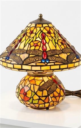 Grande lampada da tavolo in stile Tiffany a doppia illuminazione con decoro a libellula e motivi floreali art deco