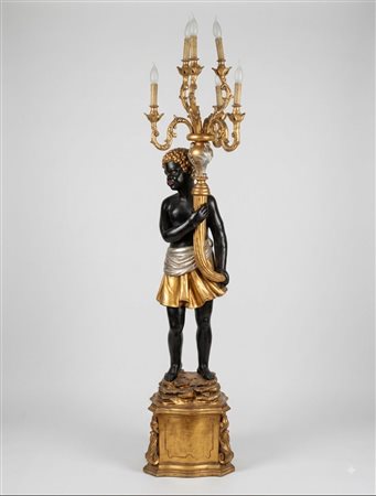 Moretto veneziano lampada da terra in legno intagliato policromo e dorato cm 190