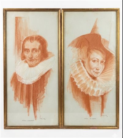 Coppia di disegni a sanguigna e gesso bianco, Studi da Rembrandt e Rubens, firmati e datati 1956