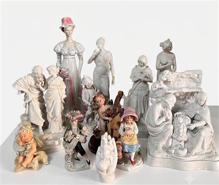 Lotto di undici statuine in porcellana e biscuit di vari soggetti
