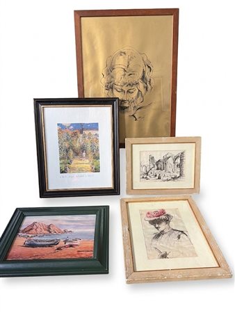 Lotto di stampe e disegni incorniciate comprendente dipinti a olio,