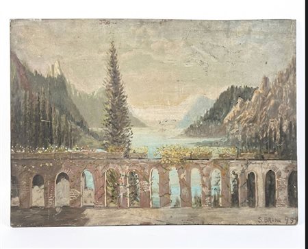 S. Bruno, Paesaggio lacustre con loggiato, Olio su compensato, 1951