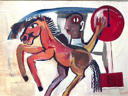 Monti - Composizione bifacciale con cavallo e scena industriale - lotto di due tecniche miste
