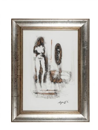 Disegno di stile modernista eseguito con una tecnica mista di carboncino e gessetto sanguigna su carta velina color crema