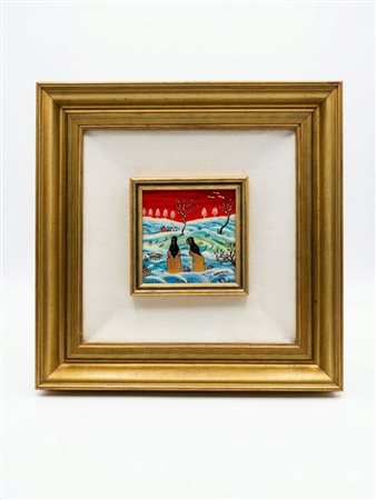 G. Marraccio (XX secolo), 'Paesaggio invernale con figure', 1975 (Firmato) cm 10x10