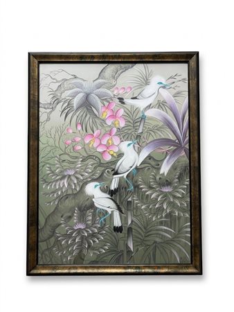 I Dewa Putu Tundus (Indonesiano, n. 1968), 'Storni di Bali tra Fiori e Fogliame Tropicale' (Firmato) cm 60x70