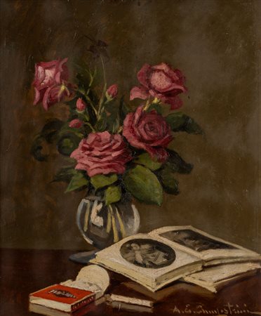 Natura morta con rose e libri