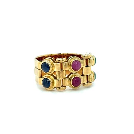 ANELLO IN ORO GIALLO 18K CON RUBINO, ZAFFIRO E SMERALDI CABOCHON NATURALI 0.90 CT – MISURA 55 - H60111- MAR