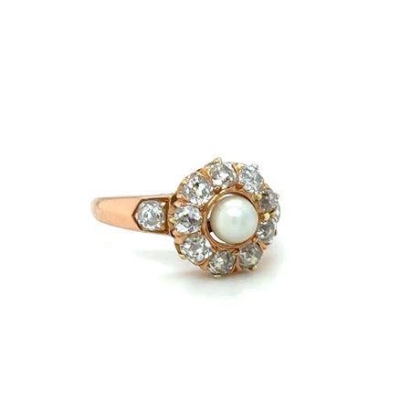 ANELLO IN ORO ROSA 18K CON PERLA 4.8 MM E DIAMANTI TAGLIO VECCHIO 1.15 CT E-F / VS-SI - H60118- MAR