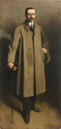 Silvio Bicchi "Ritratto di gentiluomo con trench e bastone" 
olio su tela (cm 19