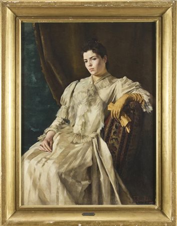 Eugene Roux-Rybair * "Ritratto di gentildonna con abito bianco e guanti gialli"