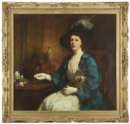 Edmond Brock * "Ritratto di Mrs. Crochley Clapham con volpini e cappello piumato
