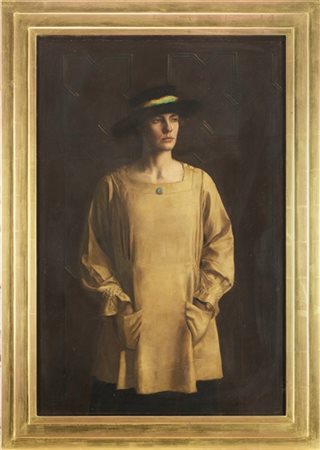 * Scuola del secolo XX

"Ritratto di modella con cappello" 
olio su tela (cm 90