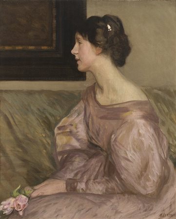 George Clausen * "The pink rose" 
olio su tela (cm 76x63)
firmato in basso a des