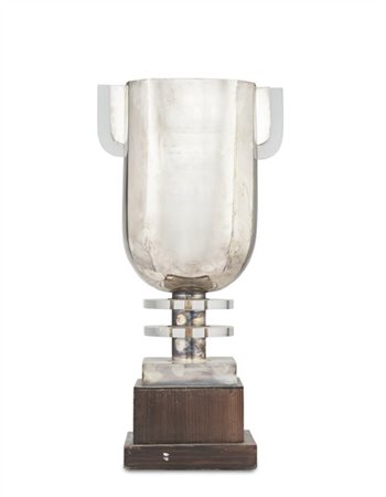 * Grande coppa biansata in metallo argentato con anse ed anelli in plexiglass,