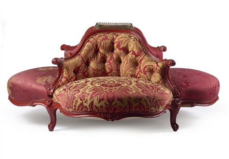 Divano boudoir di forma circolare a quattro posti in legno laccato rosso decora