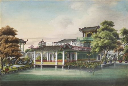 Scuola di Tinqua del secolo XIX, coppia di gouache su carta raffiguranti "Palaz