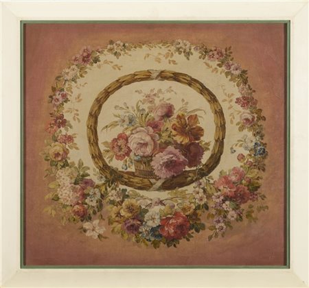 Scuola del secolo XIX

"Composizione con fiori in uno stemma su sfondo rosa" 
o