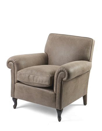 Poltrona in pelle marrone con struttura in legno, piedini mossi (difetti)