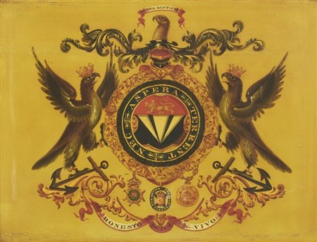 Artista del secolo XIX, "Stemmi araldici con motti", coppia di oli su pannello