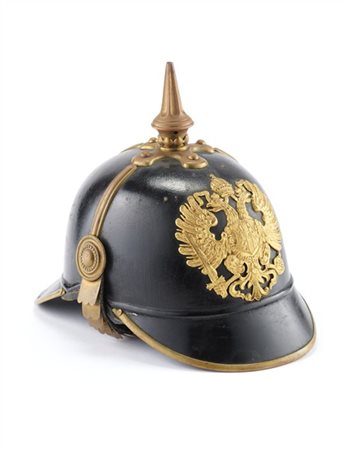 Simulacro di Pickelhaube prussiano in pelle nera con dettagli in ottone (cm 29x