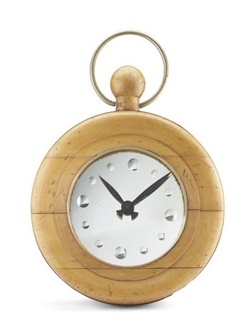 Orologio da parete in legno in foggia di orologio da tasca e quadrante specchia