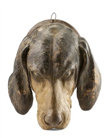 Manifattura del secolo XIX. Testa di cane in terracotta decorata in policromia