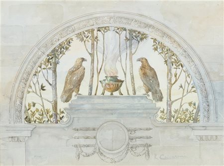 Rodolfo Ceccaroni "Decorazione con braciere, aquile e fasci littori", acquerello