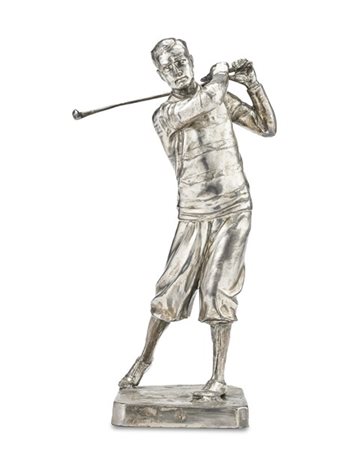 Wilhelm Zwick Giocatore di golf, scultura in metallo argentato a tutto tondo fir