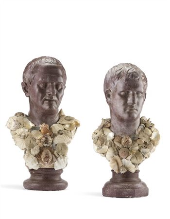 Coppia di busti di imperatori romani decorati a finto porfido con vesti in conc