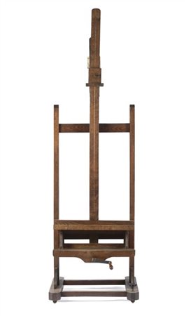 Cavalletto da pittore con reggitela a manovella e bolla a vite sulla base. 1940