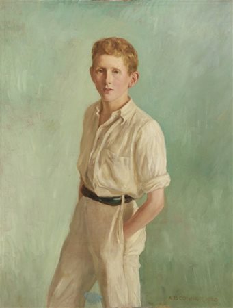 Arthur Bentley Connor * "Ritratto di ragazzo di tre quarti su sfondo verde acqua