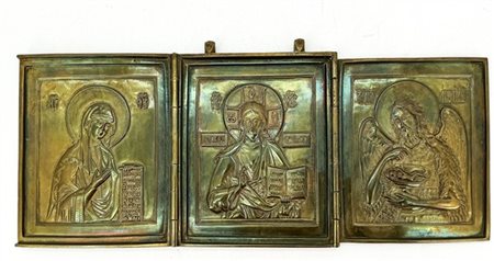 Arte russa, secolo XIX. Trittico da viaggio raffigurante Cristo Pantocratore e