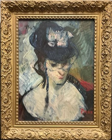 Donnino Rumi "Donna con cappello" 
olio su tela (cm 66x50)
firmato in basso a de
