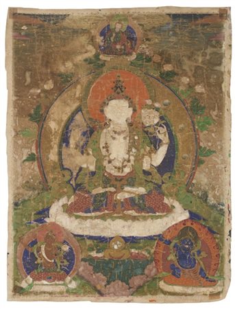 Thangka dipinto su cotone raffigurante al centro Sadakshari Lokeshvara
Tibet, s
