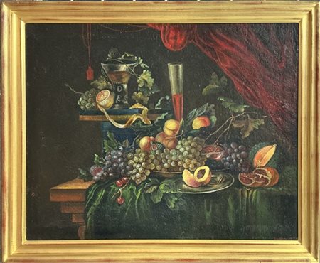 Ignoto

"Composizione con frutti e calice di vino su una tavola imbandita"
olio