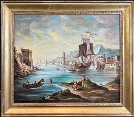H. Minder

"Scorcio portuale" 
olio su tela (cm 38x50)
firmato in basso a destr