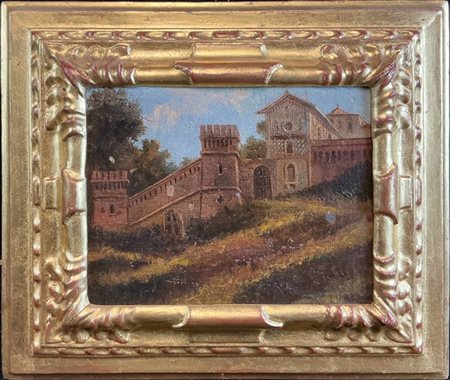 Ignoto del secolo XIX

"Scorcio di borgo con torri e mura" 
olio su tela (cm 17