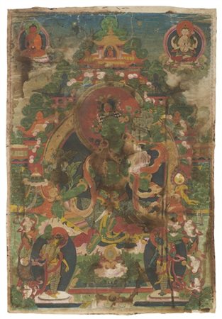 Thangka dipinto su cotone raffigurante Tara Verde
Tibet, secolo XVIII-XIX
(cm 4