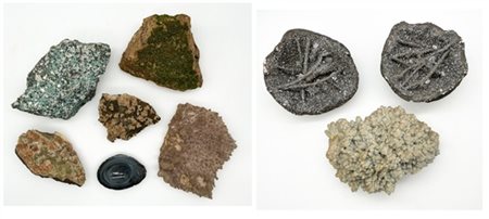 Gruppo di numerosi minerali diversi e geodi, in due cartoni (difetti)