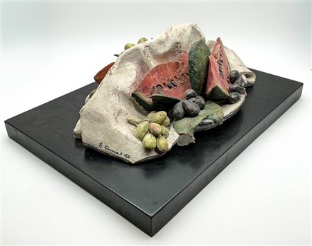 Ernesto Ornati "Natura morta" 1989, terracotta dipinta su base in legno (cm 55x4