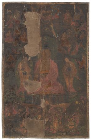 Thangka, dipinto su seta, raffigurante Buddha Shakyamuni 
Tibet, secolo XVII-XV