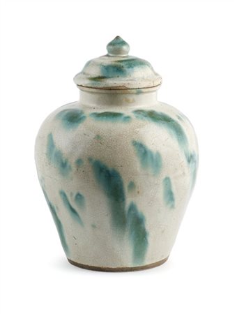 Vaso con coperchio in ceramica smaltata con colature di colore verde e turchese