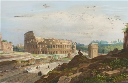 Scuola del secolo XIX

"Vedute romane" 
coppia di incisioni acquerellate (cm 16
