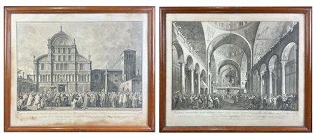 Coppia di acqueforti di Giovanni Battista Brustolon da Canaletto, dalla serie "