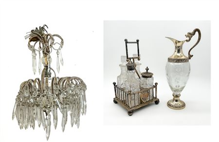 Lotto composto da un cruet in metallo argentato con ampolle in vetro molato (h