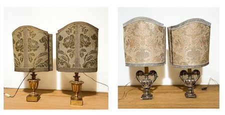 Due coppie di antichi portapalme in legno parzialmente argentato e dorato (h cm
