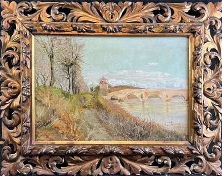 Eugenio Gignous "Paesaggio fluviale con ponte" 
olio su tela (cm 40x60)
firmato