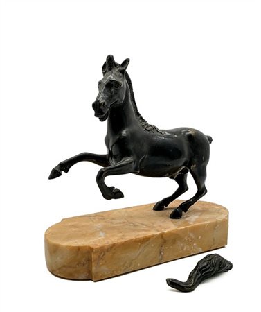 Fonditore del secolo XIX 
Figura di cavallo rampante in bronzo brunito, montato
