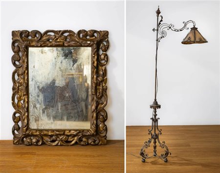 Lotto composto da una lampada da terra con base tripode decorata da volute cont